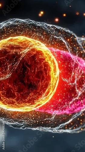 Colorful biological cells with glowing nuclei in a dark abstract environment