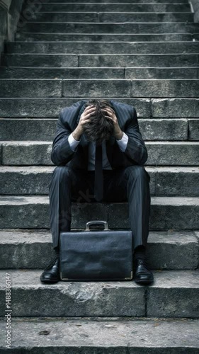 A person in a suit sits on steps, head in hands, an emblem of modern-day stress, despair and anxiety