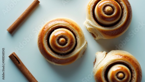 Small cinnamon rolls and cinnamon sticks set against a background. Overhead perspective.