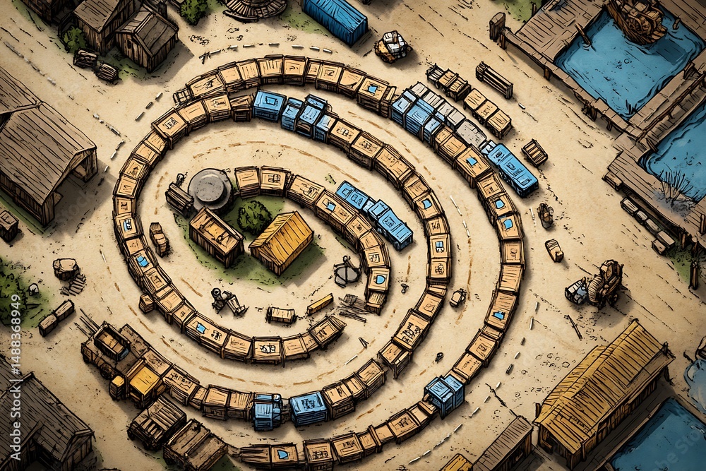Fototapeta premium Artistic Aerial View of Spiral Cargo Route in Rustic Town Landscape