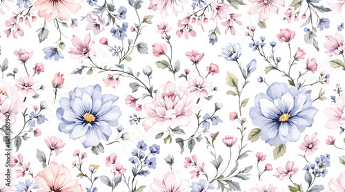 Floral seamless pattern with magnolia flowers, leaves and petals on white background. Pastel vintage theme with vector, spring flowers for fabric, prints, greeting cards.
