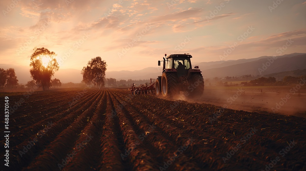 Fototapeta premium Tractor Plowing Field