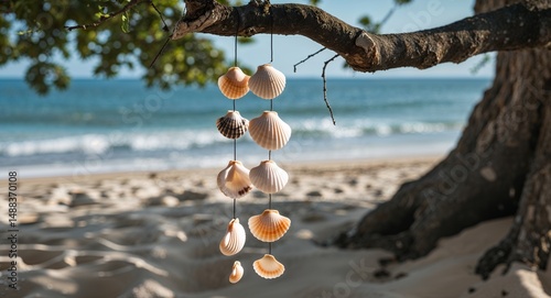 Shell wind chime hanging from a tree branch above sandy ground