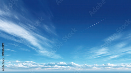 Fototapeta Naklejka Na Ścianę i Meble -  Blue sky with wispy clouds and a faint contrail stretching across the horizon creates a serene and vast atmosphere for a peaceful and airy landscape vista.