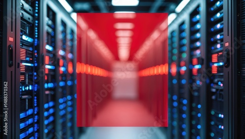 Red copy space layout featuring a computer server room with text processing