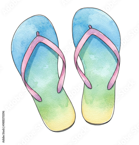 Watercolor flip flops for summer. Beach footwear, colorful and light
