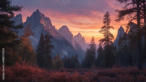 Twilight in forested mountains. Elevated peaks. Dusk in the mountains. photo