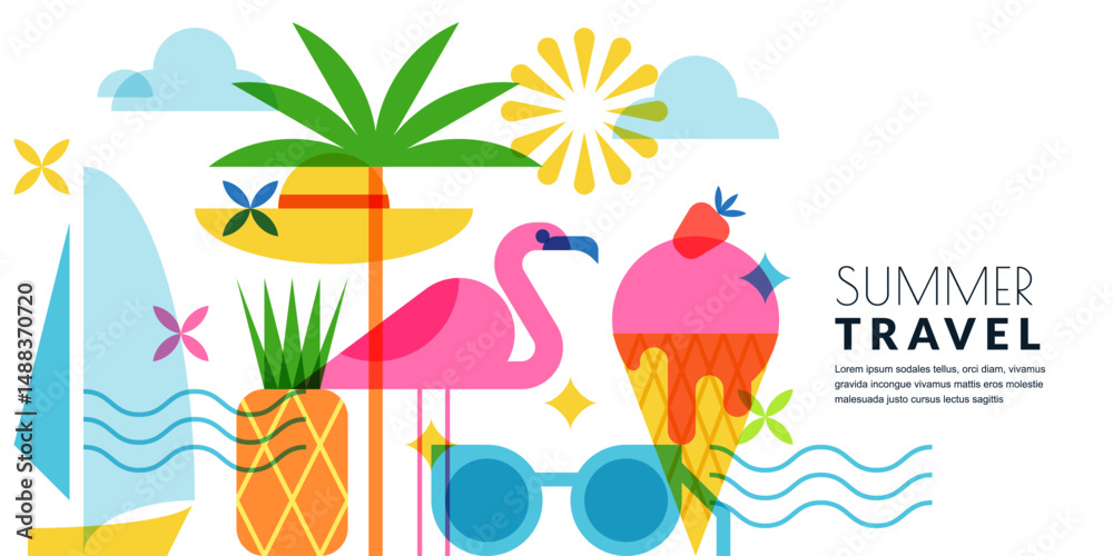 Naklejka premium Summer holiday, travel, vacation geometric background with sunglasses, ice cream, palm, flamingo. Vector illustration