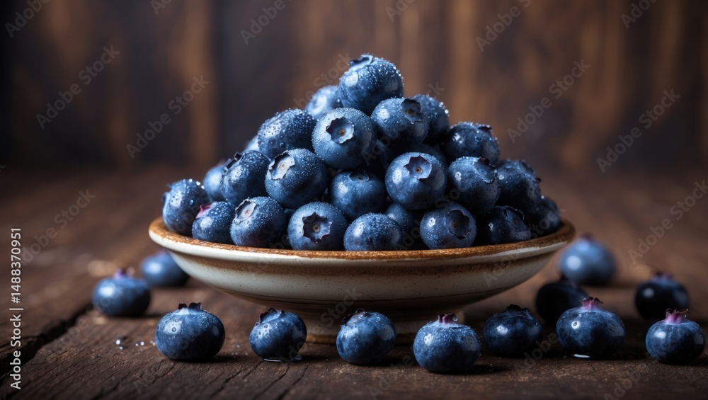 Freshly picked blueberries displayed in a dish on a wooden surface. Nutritional and healthy eating. Freshly picked blueberries displayed in a dish on a wooden surface. Nutritional and healthy eating.