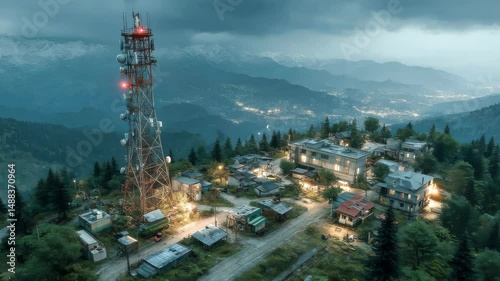 A scenic mountain village with a large telecommunications tower surrounded by forest and distant city lights