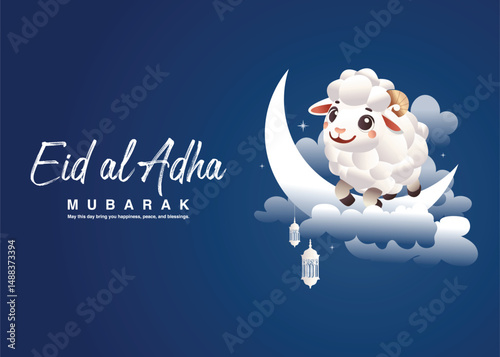Beautiful Eid al Adha art greetings with cute sheep, white lantern, clouds, half moon and dark Arabian culture background. Eid Mubarak text abstract vector illustration design.