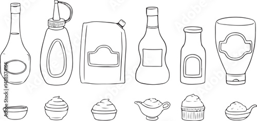 Outlined cartoon set of various sauce bottles, pouches, and serving dishes with sauces. Includes squeeze bottles, glass bottles, pouches, bowls, a gravy boat, and a spoon with powder. Black and white 