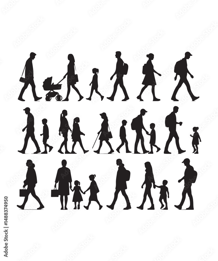 Fototapeta premium Happy family Illustrations Silhouette set. Silhouettes on isolated background.