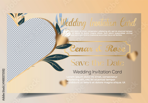 Floral wedding invitation template, set with brown and peach, flowers and leaves decoration. Foliage  bride card design concept