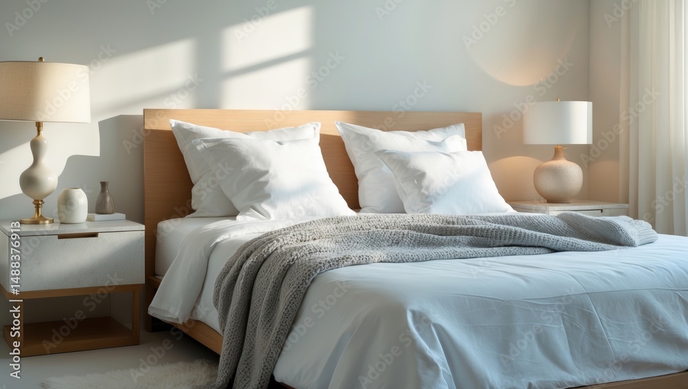 custom made wallpaper toronto digitalChic Minimalist Bedroom Layout Featuring White Bedding, Light Wood Bed Frame, and a Ceramic Nightstand with a Knitted Throw Blanket Over the Edge