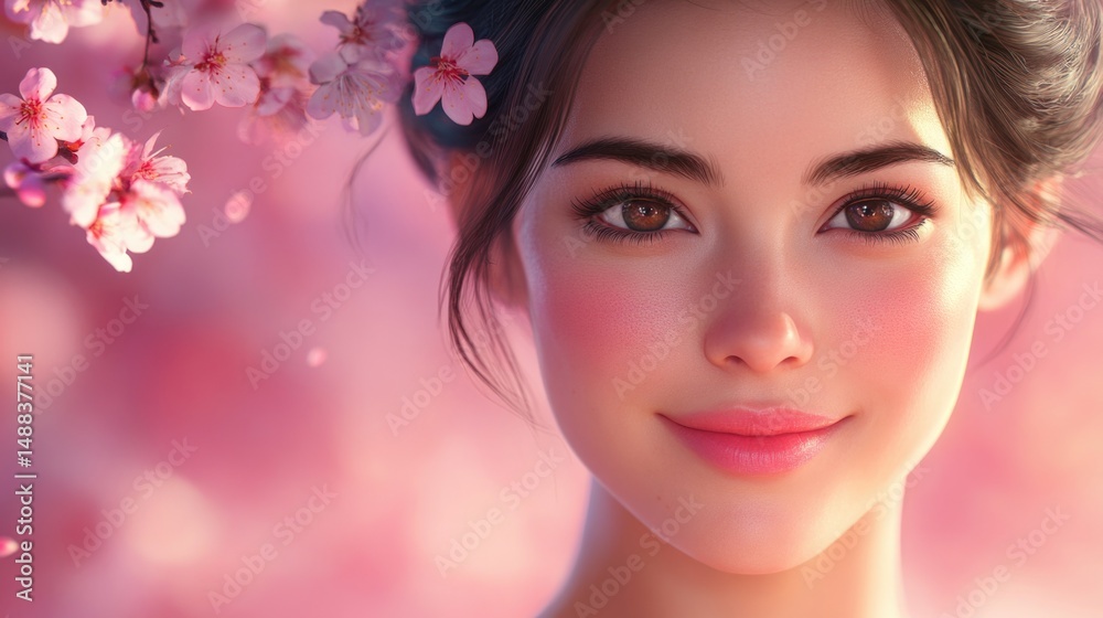 Naklejka premium Beautiful young woman smiling amidst blooming cherry blossoms in Japan during spring season