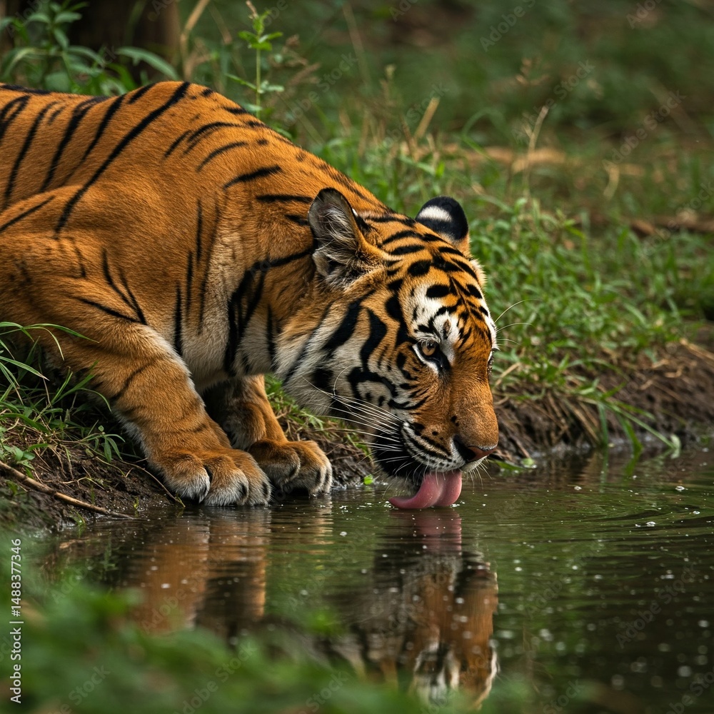 Fototapeta premium A tiger drinks from a quiet jungle stream, shadows falling across its face beneath soft rays of rising sun.