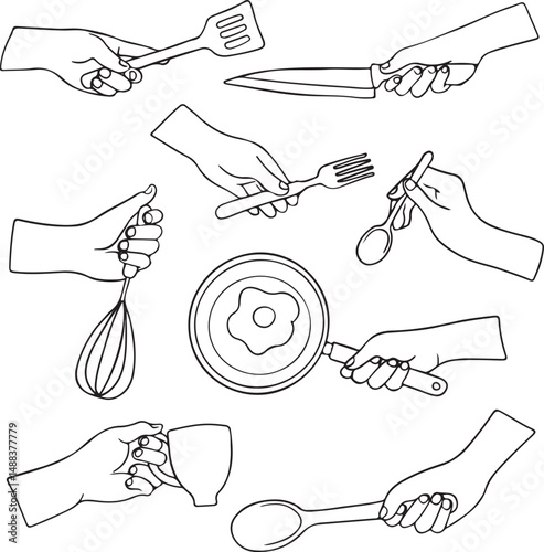 Hands holding various cooking utensils: spatula, knife, fork, spoon, whisk, frying pan with egg, mug, and large spoon. Simple black and white line art.