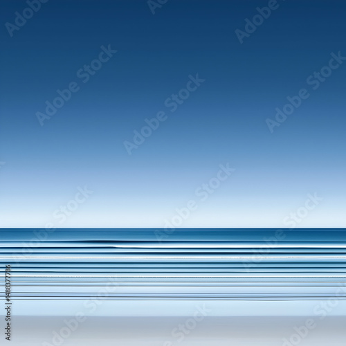 Serene ocean horizon, clear blue sky, calm beach; perfect for travel brochure