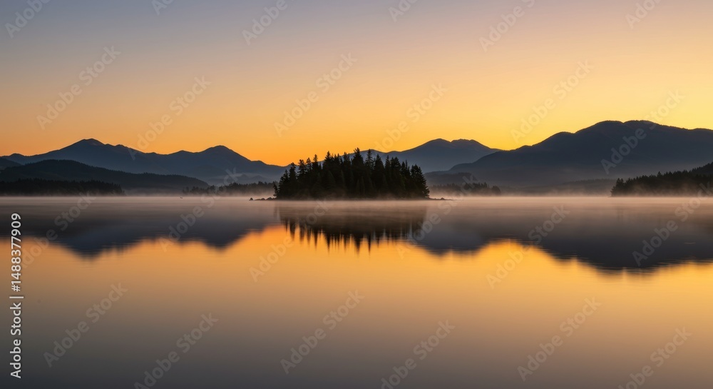 Island with trees on a calm lake reflecting the sky at sunrise. Island with trees on a calm lake reflecting the sky at sunrise.