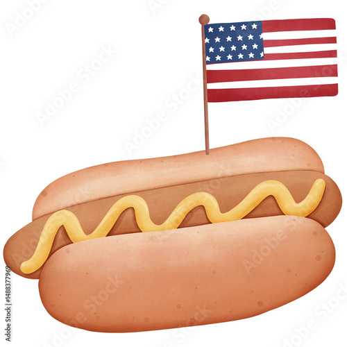 Patriotic American hot dog adorned with mustard and a miniature American flag