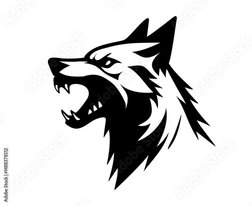 Black and white illustration of angry dog head in profile with open mouth and sharp teeth. Clipart image.