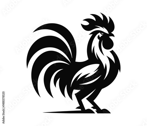Black and white vector illustration of stylized angry rooster silhouette. Clipart image isolated on background.