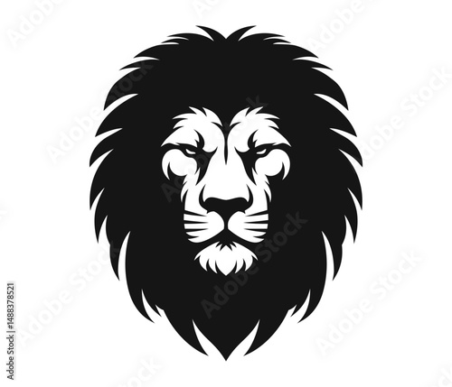 Black and white illustration of angry lion face silhouette. Clipart image isolated on background.