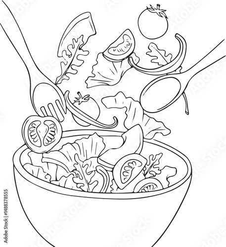 Fresh salad tossed with serving utensils in a bowl. Simple black and white line art illustration of healthy eating.