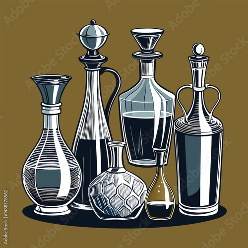 hand-drawn glass decanters showcased in various shapes and sizes for artistic display vector