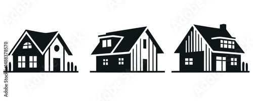 Set of three different styled house silhouettes in black on white background. Clipart image isolated on background.