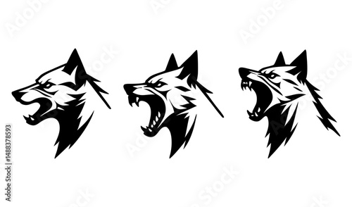 Set of three aggressive wolf head vector icons showing different expressions. Clipart image.