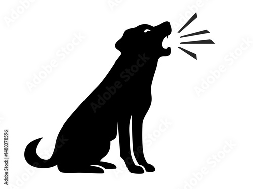 Black dog silhouette barking with sound lines. Clipart image isolated on background.