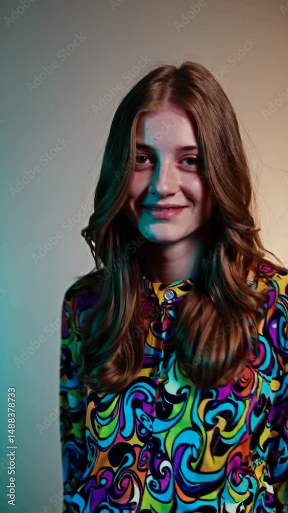 Jeune femme souriante en chemise psychédélique sous éclairage coloré

