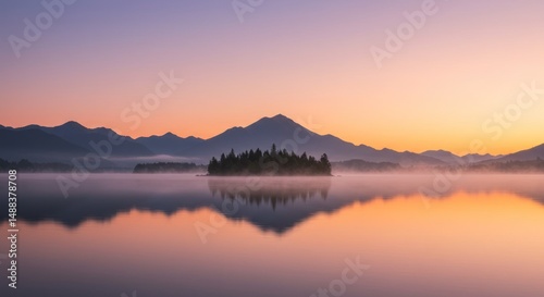 Island with trees in a lake reflecting mountains at sunrise or sunset.