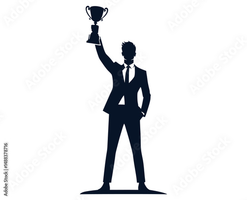 Silhouette of businessman in suit holding trophy aloft in victorious pose. Clipart image isolated on background.