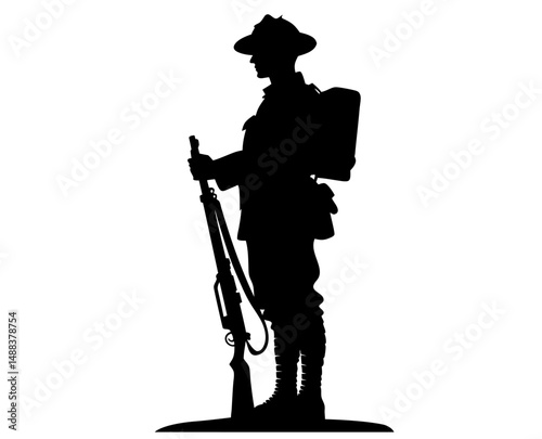 Silhouette of ANZAC soldier with rifle and backpack standing at attention. Clipart image isolated on background.