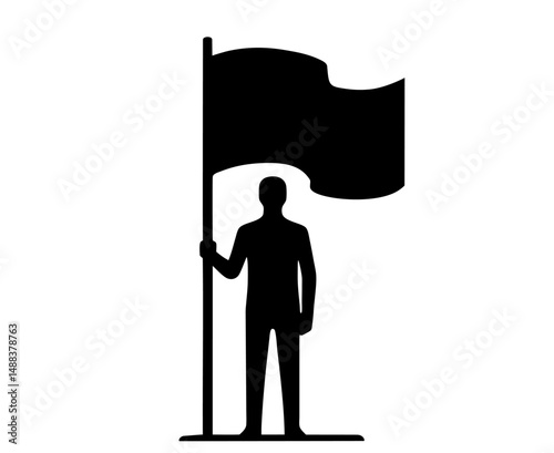 Silhouette of person holding large flag standing upright. Clipart image isolated on background.