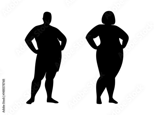 Silhouettes of overweight male and female standing with hands on hips. Clipart image isolated on background.