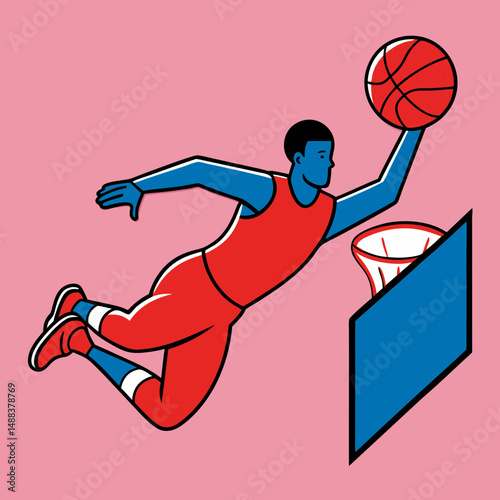 Basketball player in mid air performs impressive slam dunk, showcasing athleticism and skill. flat design style features bold colors, emphasizing action against pink background