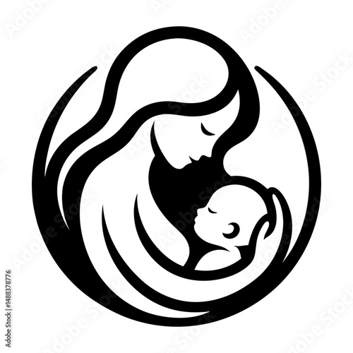 Silhouette of mother holding baby in circular design. Clipart image isolated on background.