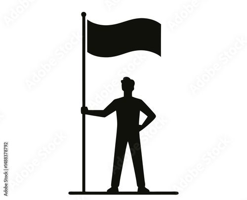 Silhouette of man holding flag in confident pose against white background. Clipart image isolated on background.