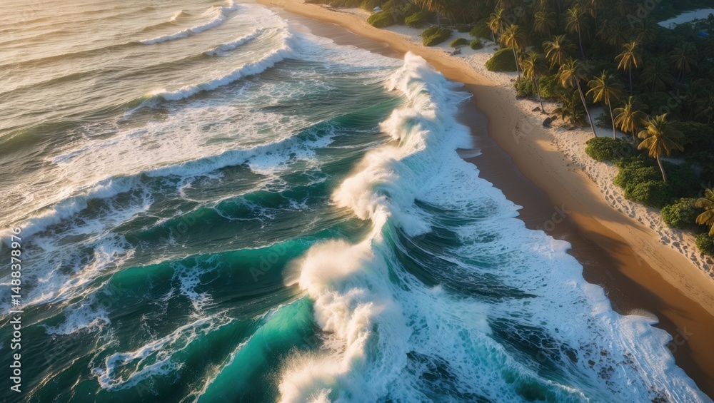 Fototapeta premium Overhead perspective of a coast with surf