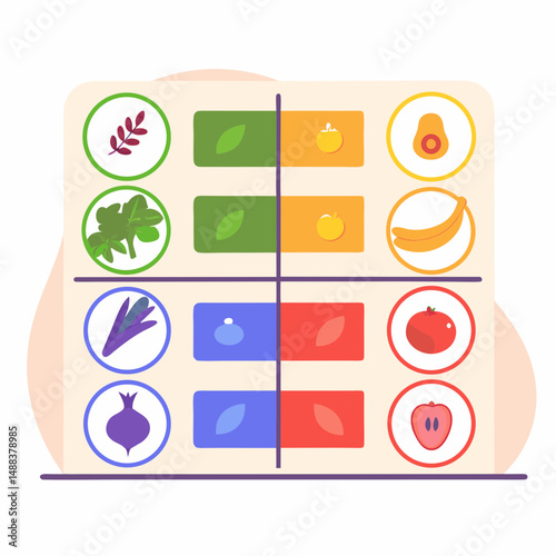 Colorful and balanced detox diet chart visual breakdown featuring various food categories, including fruits, vegetables, and leafy greens, organized in grid layout for clarity