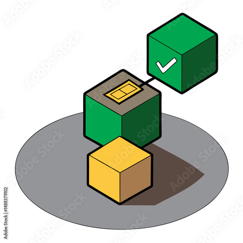 Colorful illustration of blockchain technology, showcasing interconnected blocks with verification checkmark symbolizing secure transaction validation. design emphasizes digital security