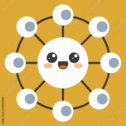 Cute and cheerful illustration of central white circle with smiling face, connected to smaller circles by lines, symbolizing network or interconnected system. background is warm yellow