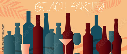Design poster for a bar, drink party on the beach, collection of bottles and glasses, against the background of palm trees. Drinking wine, cocktail, chardonnay, merlot, whiskey, flat design