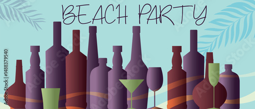 Beach party, bar with alcohol collection, pub poster design. Vector illustration of wine bottle and glasses, white wine, cabernet, martini, blue sky background, palm trees