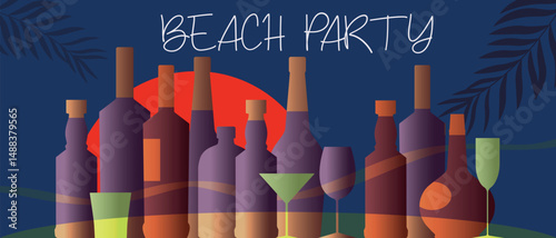 Tropical beach party, collection of different alcohol, glasses, palm leaves. Drink party vector design, flat illustration wine, cognac, martini, liqueur, cocktails