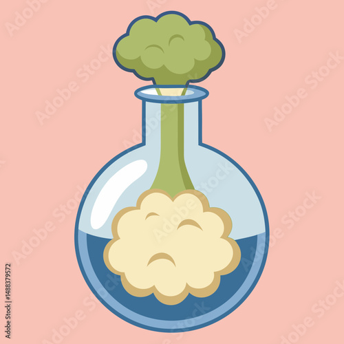 Cartoon illustration of round bottom flask with chemical reaction inside, producing green smoke and foam, set against pink background. image conveys playful and scientific vibe